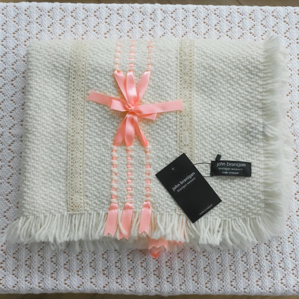 NEW Branigan Weavers of Ireland Baby Blanket Wool Blend Throw White/Pink